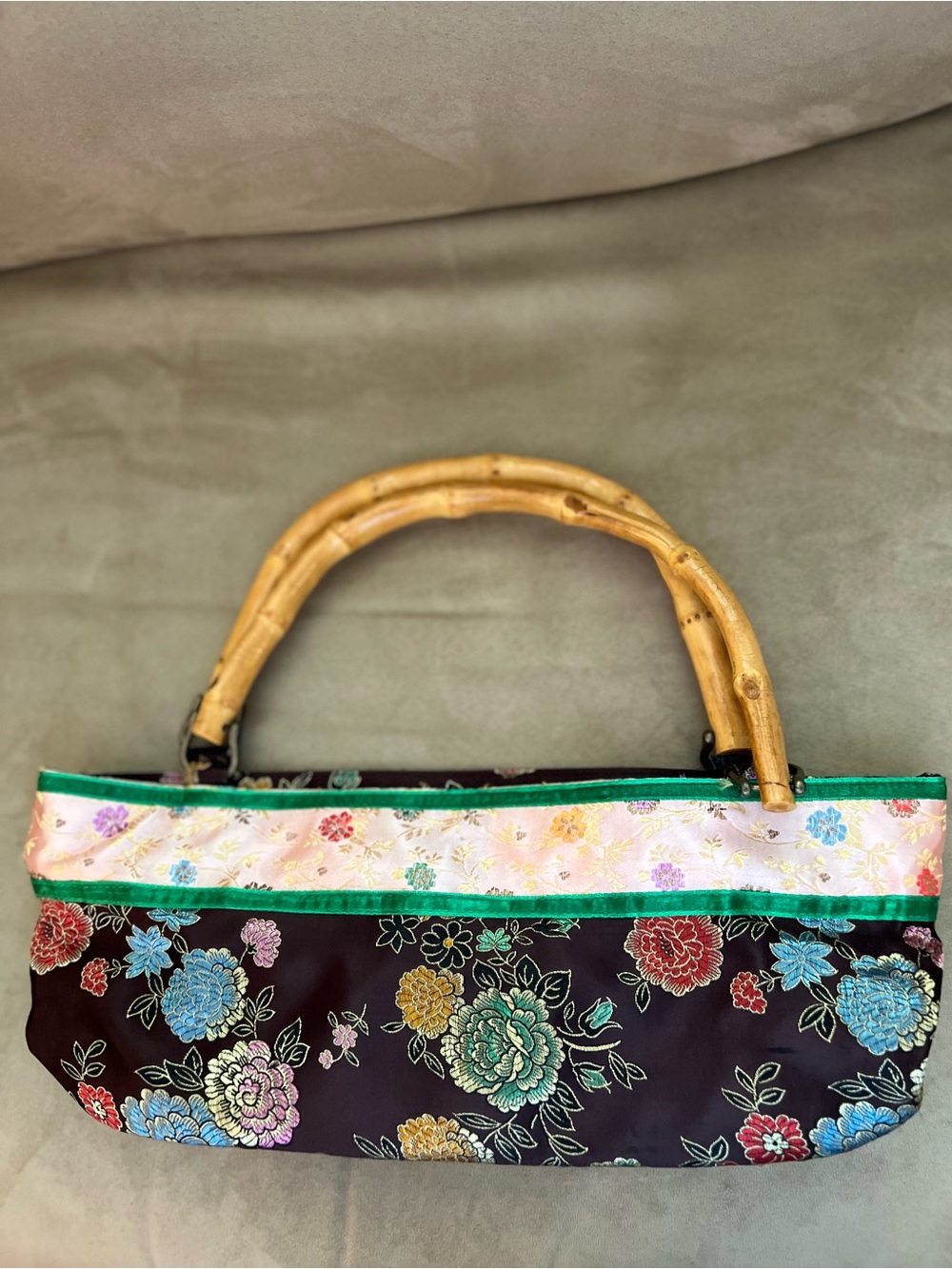 Floral Satin Bamboo-Handle Shoulder Bag - Black & Multicolor
